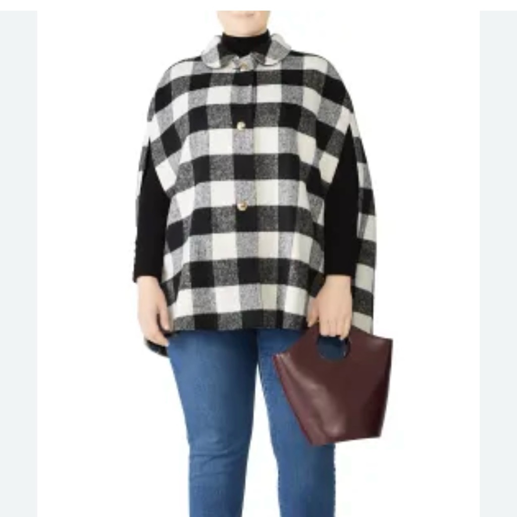 Draper James Eloquii Buffalo Plaid Large Checkered Cape Poncho Black White 14/16